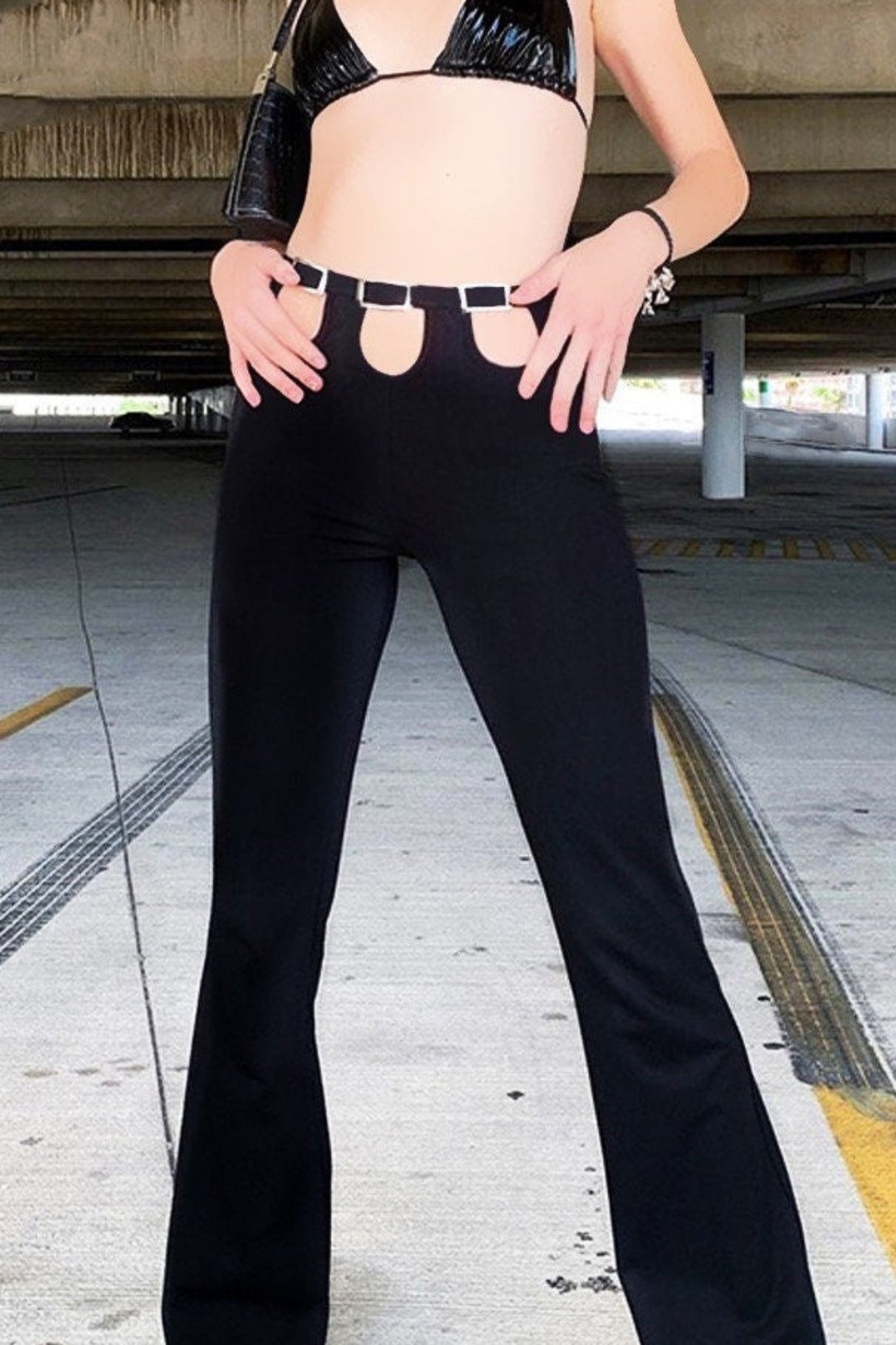 Black Cut Out Waist Silver Metal Belted Bootcut Flared Trousers