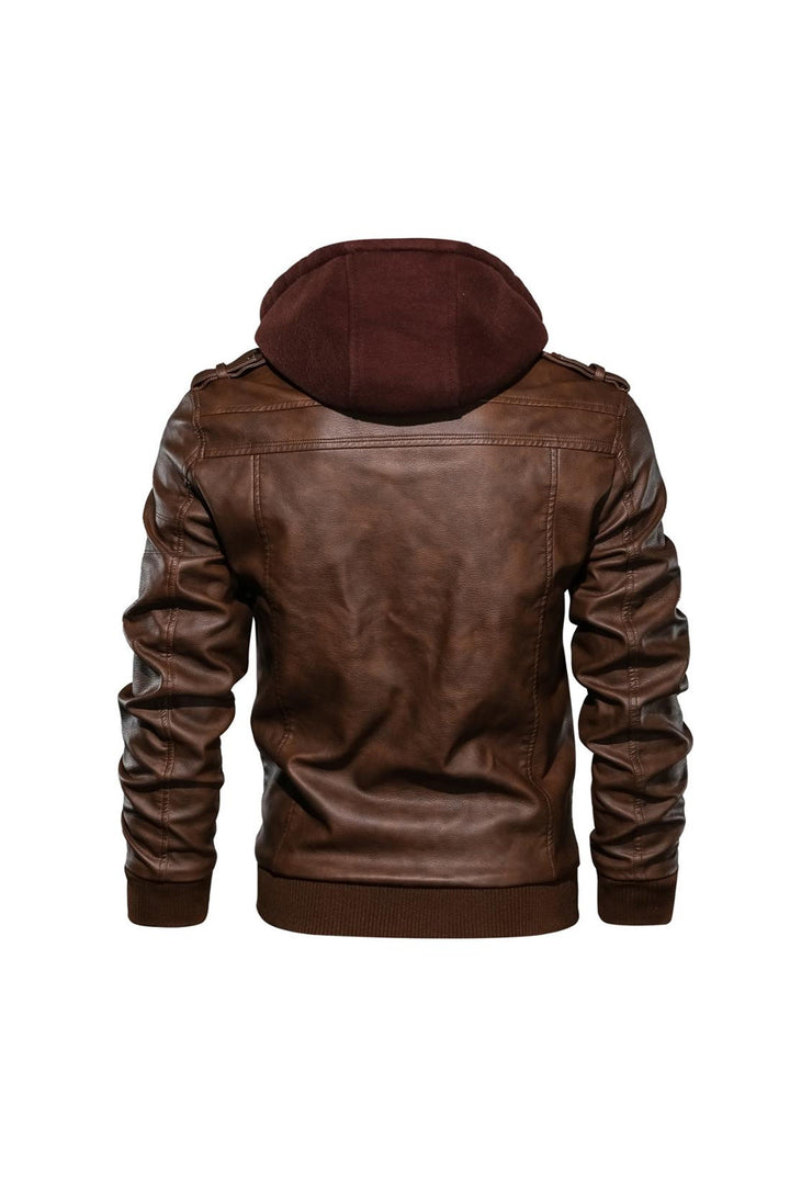 Brown Faux Leather Hoodie Jacket, Motorcycle PU Bomber Jacket, Hoodie Jacket