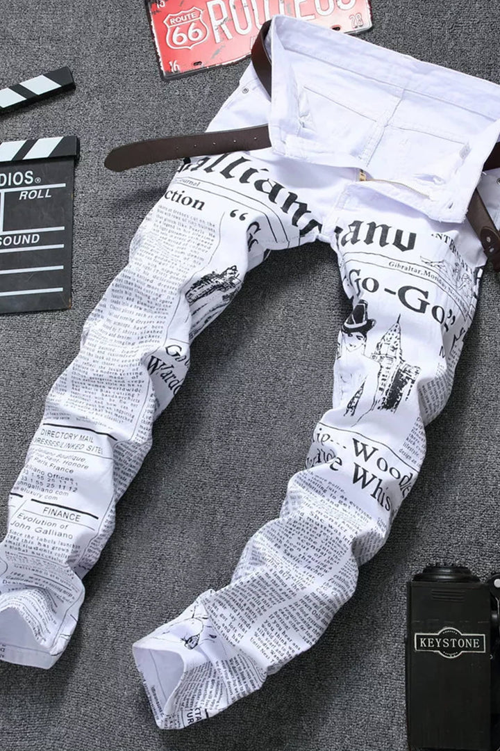 Edgy Newspaper Collage Print Baggy Oversized Straight Leg Jeans, Black & White Print Graphic Jeans, Available in 2 Designs