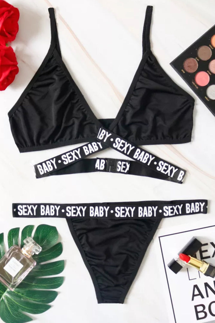 Black Criss Cross Wrap Two Piece Lingerie Set, Push-Up Bra, Thong, Graphic Lettering 'SEXY BABY' Lettering