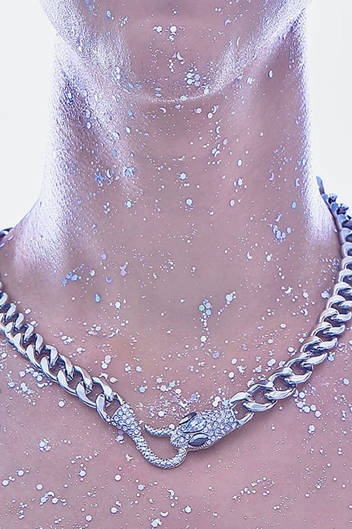 Rhinestone Crystal Encrusted Serpent Chunky Chain Necklace, Thick Chain Snake Choker, Clasp Closure, Available in Silver & Black  (48 Hour Dispatch)