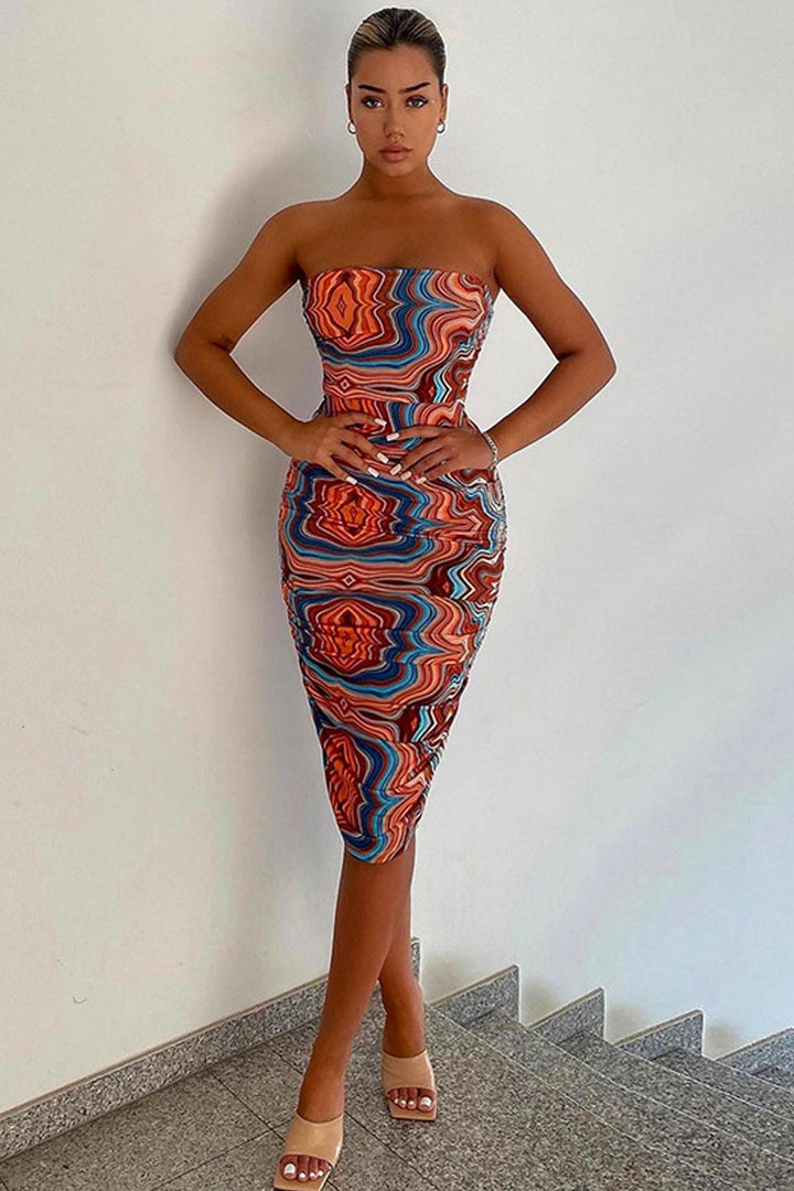 Swirly Abstract Print Bandeau Midi Dress, Orange & Blue Strapless Bodycon Dress