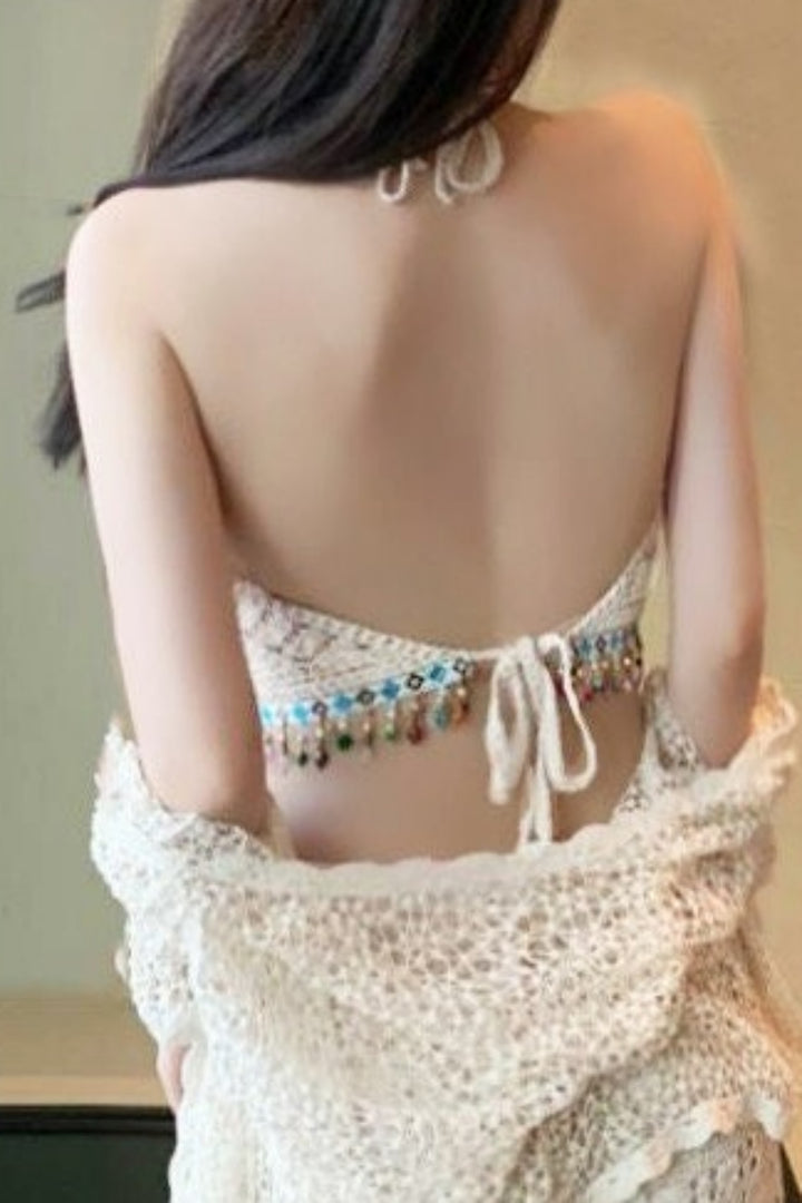 Beading Tassel Hem White Hollow Out Lattice Knitted Lace Crop Top