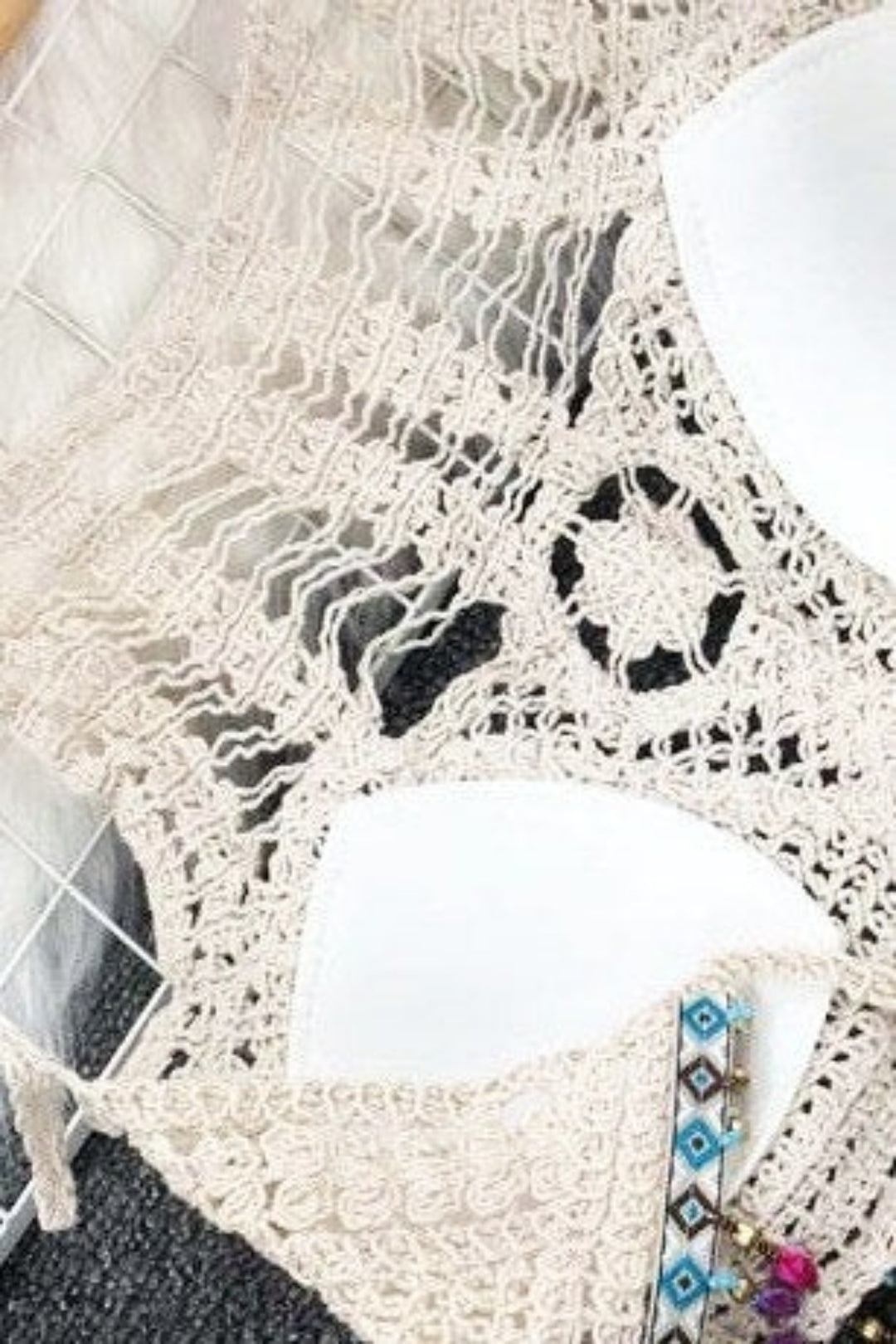 Beading Tassel Hem White Hollow Out Lattice Knitted Lace Crop Top