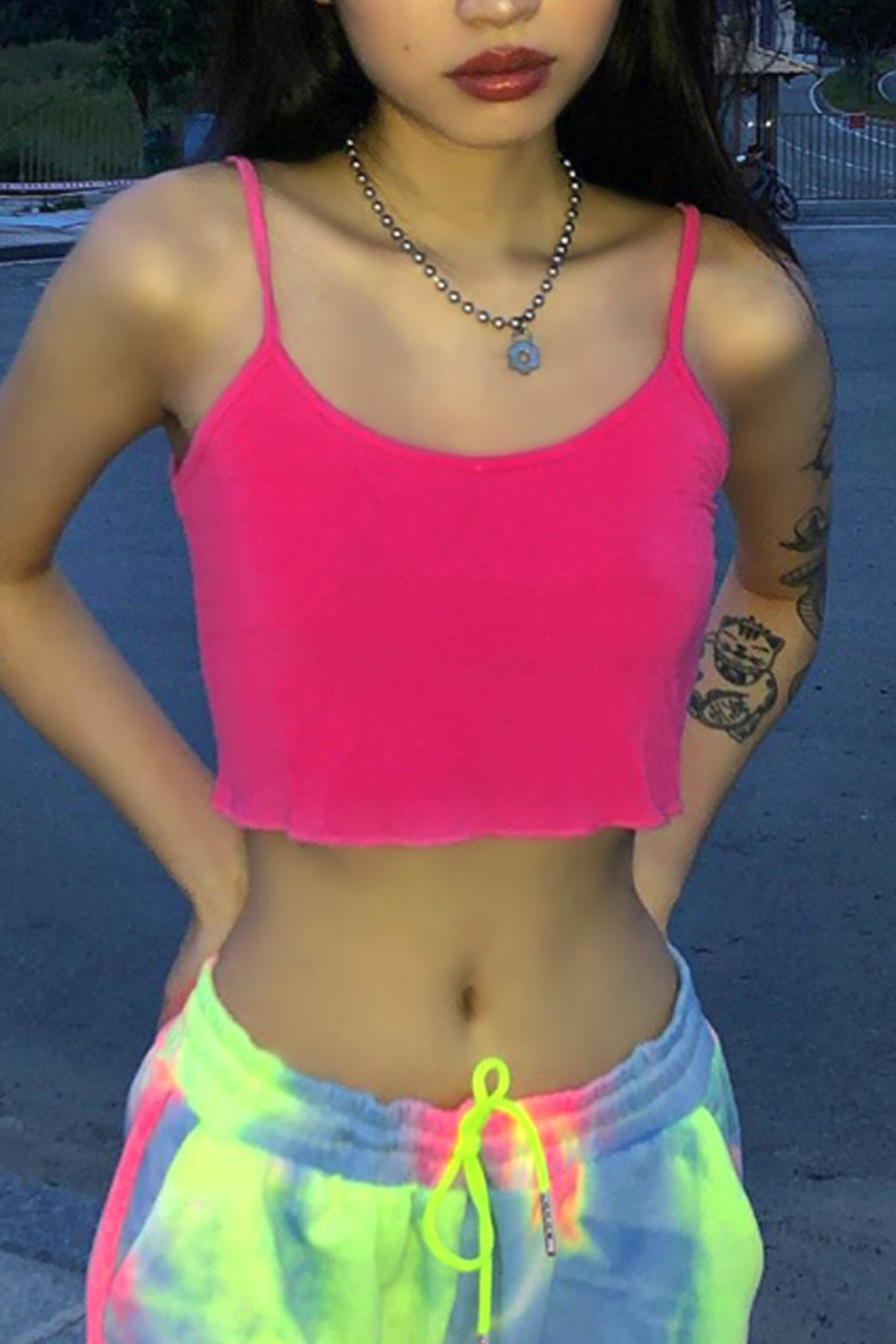 Fuchsia Pink Cami Crop Top, Contrast Stitch Lettuce Hem Crop Top, Spaghetti Straps