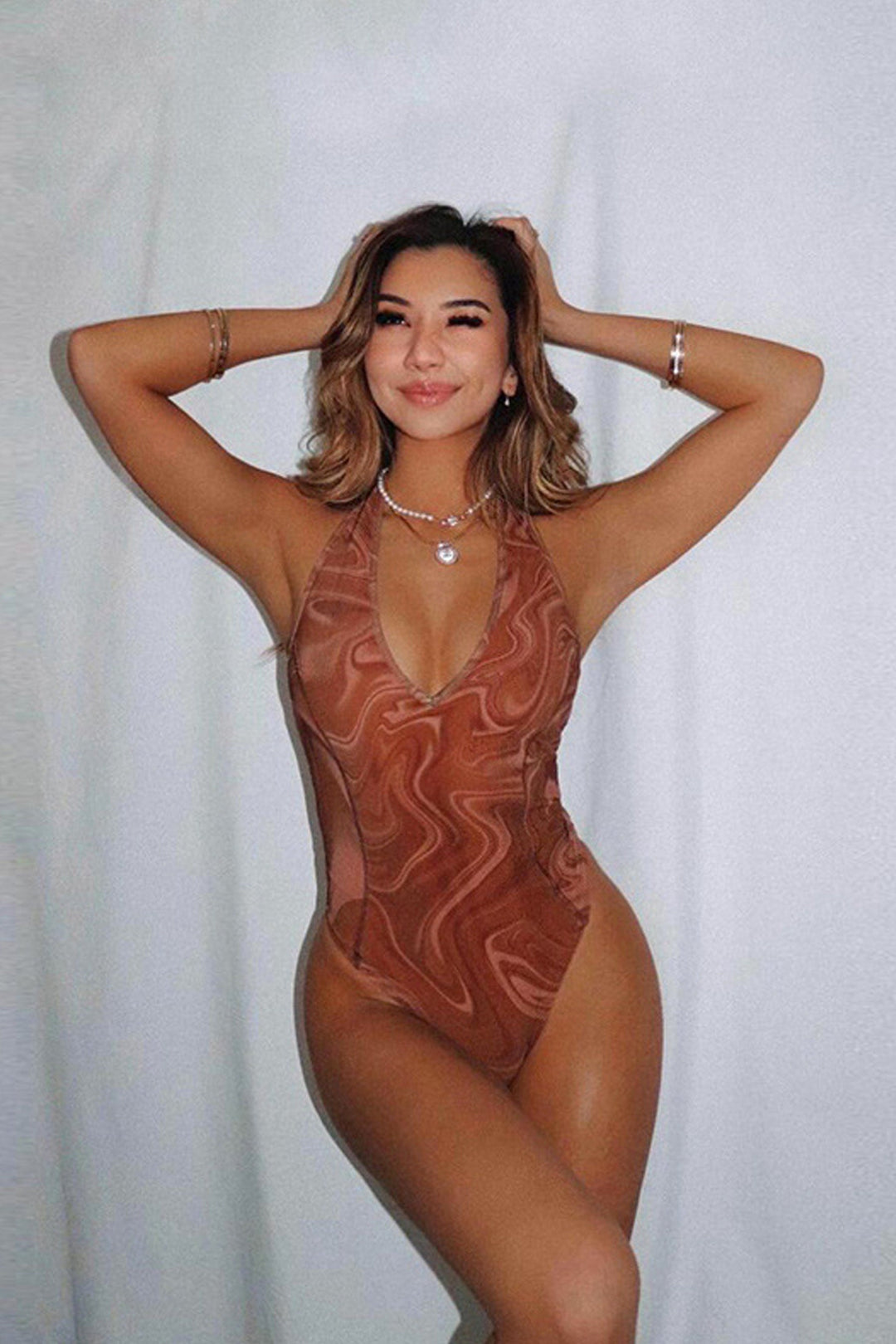 Brown Swirl Marble Print Halter Neck Bodysuit, Halter Neck Sleeveless Bodysuit