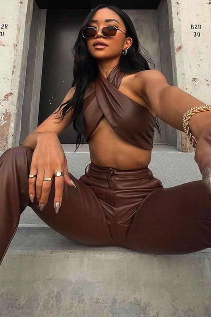 Tan Brown PU Leather Two Piece Set, Tie Back Wrap Halter Crop Top, High Waisted Flared Trousers