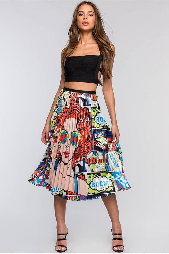 Graphic Comic Collage Print Skirt, Flared Maxi Skirt, Elastic Waistband, Available in Orange & Yellow Theme