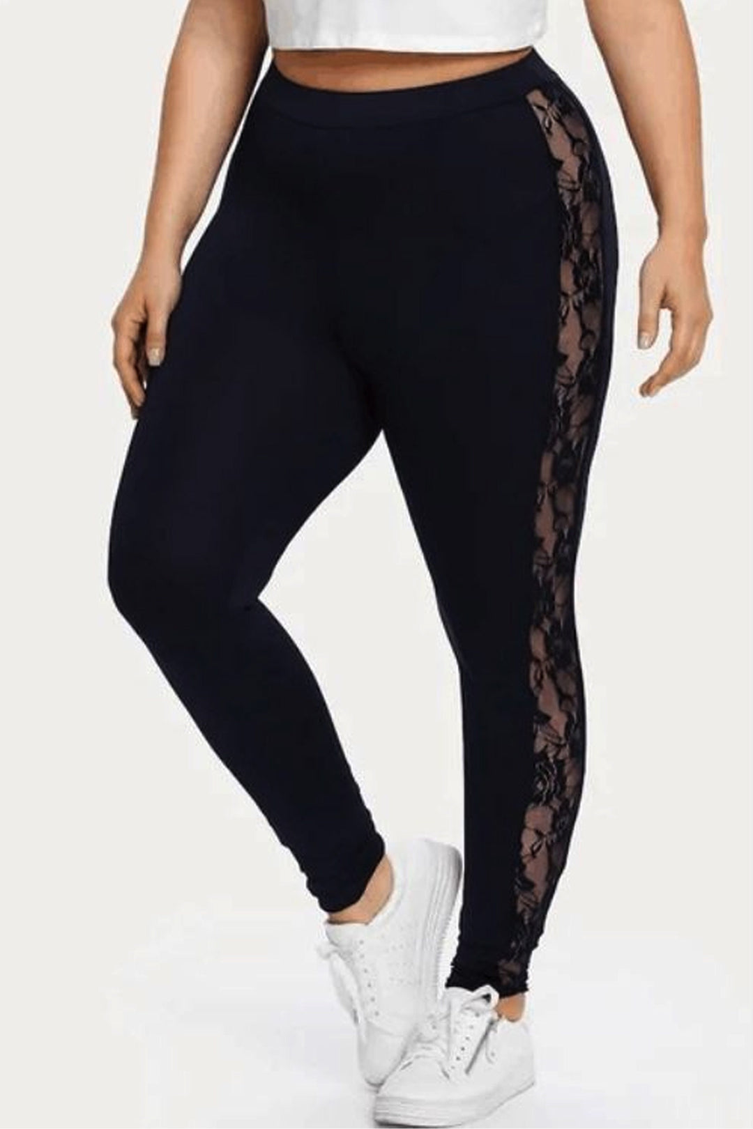 Floral Mesh Side Leg Black Leggings, High Waist Skinny Leggings