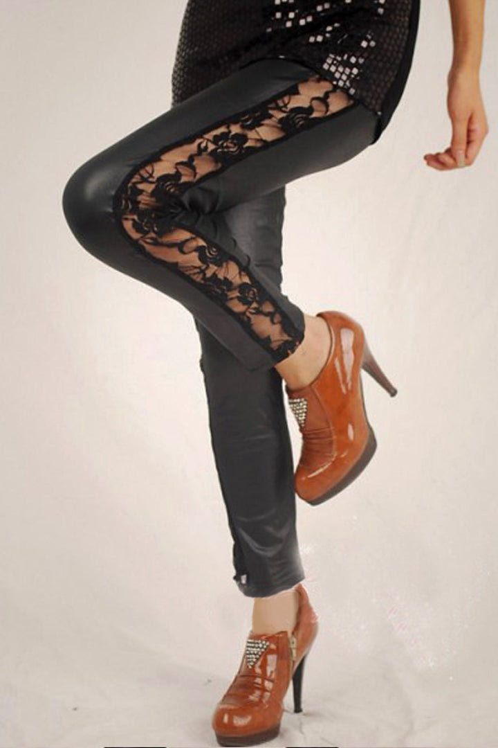 Floral Mesh Side Leg Black Leggings, High Waist Skinny Leggings