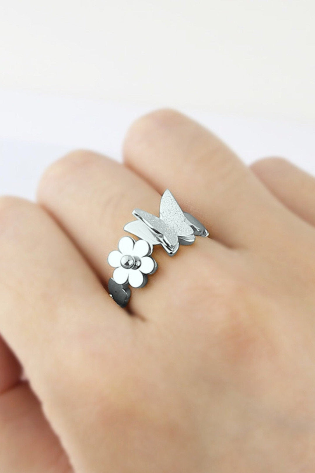 Unique 3D Flower and Butterfly Ring in Silver Finish, Perfect Gift Idea