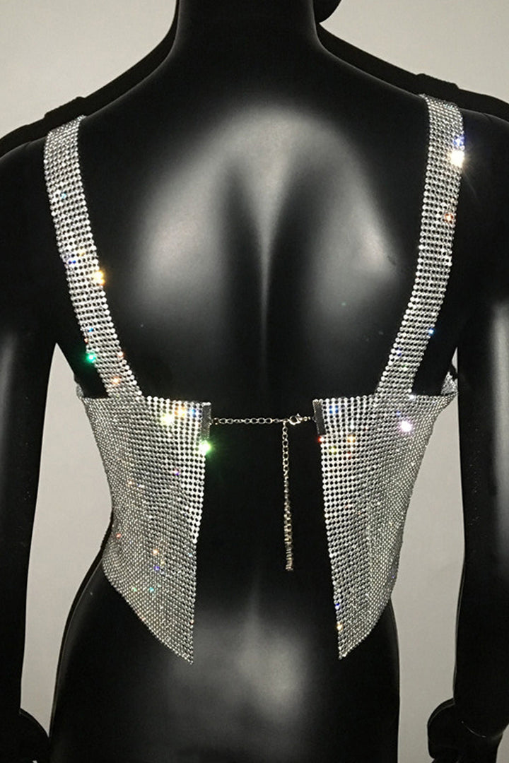 Rhinestone Crystal Square Neck Mesh Crop Top, Backless Scarf Bandana Top, Adjustable Metal Chain Rhinestone Hollow Out Design