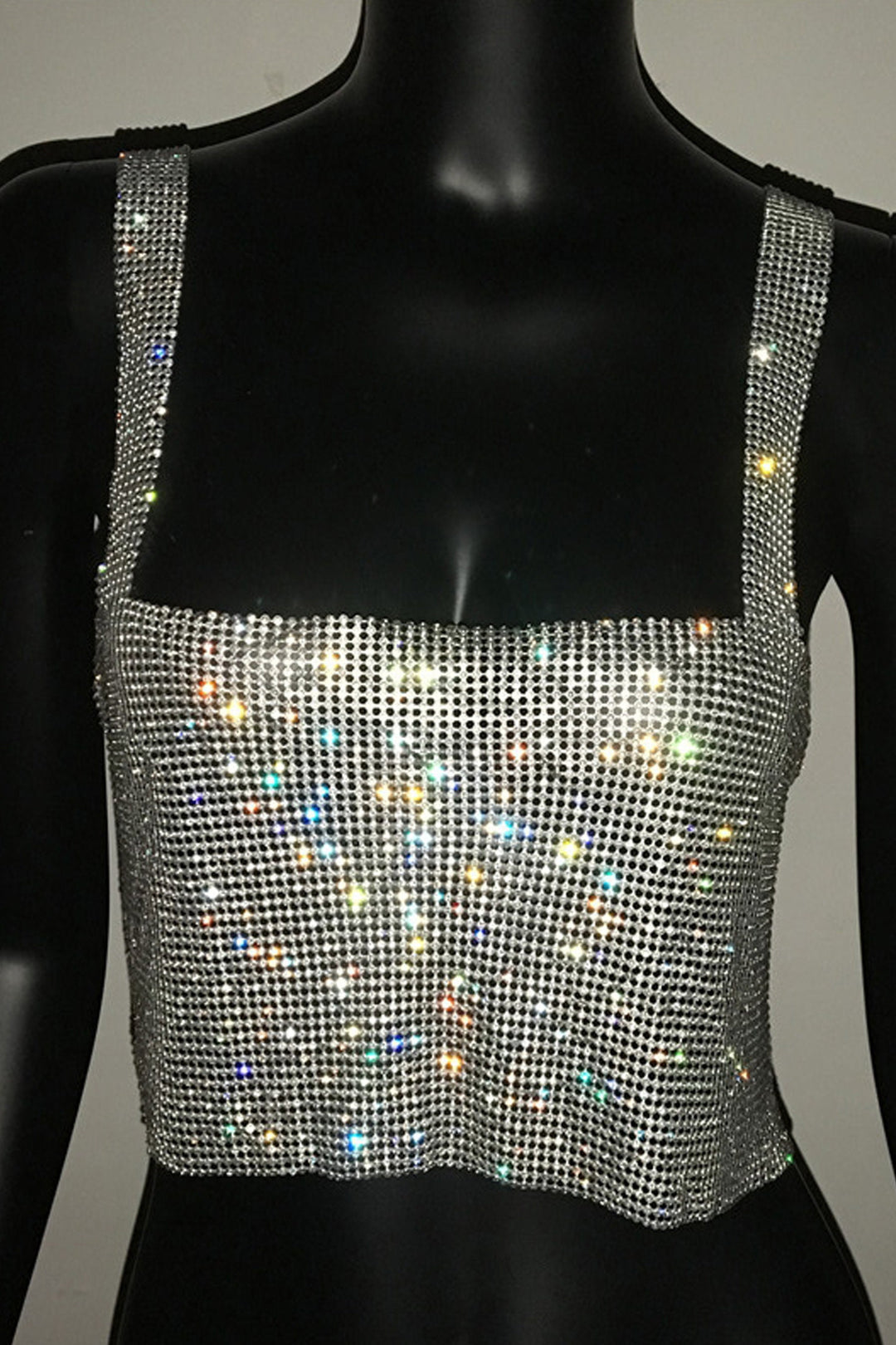 Rhinestone Crystal Square Neck Mesh Crop Top, Backless Scarf Bandana Top, Adjustable Metal Chain Rhinestone Hollow Out Design