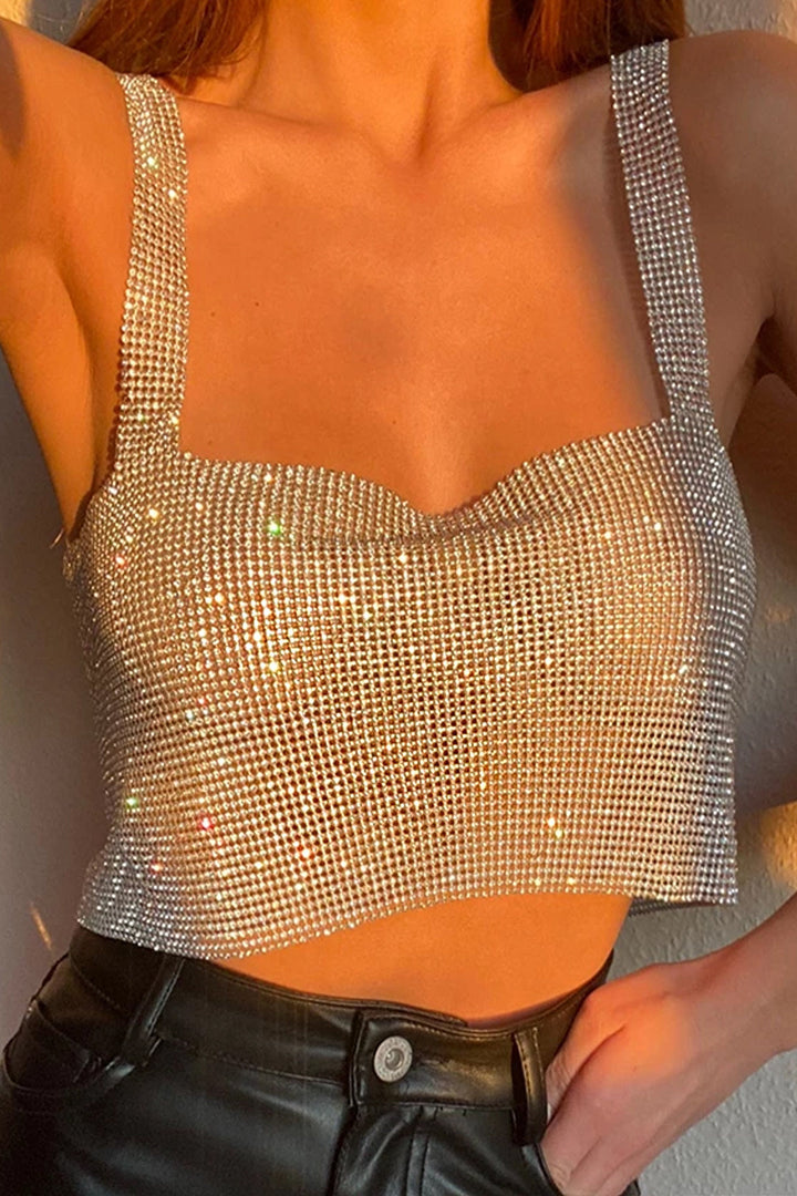 Rhinestone Crystal Square Neck Mesh Crop Top, Backless Scarf Bandana Top, Adjustable Metal Chain Rhinestone Hollow Out Design