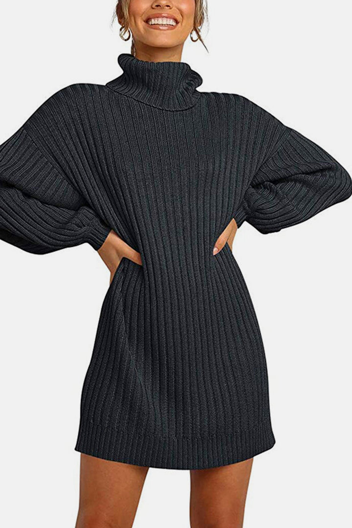 Oversized Jumper Mini Dress, Ribbed Jersey Material, Long Sleeve Turtleneck Tee Shirt Dress, Available in Black, White & Grey