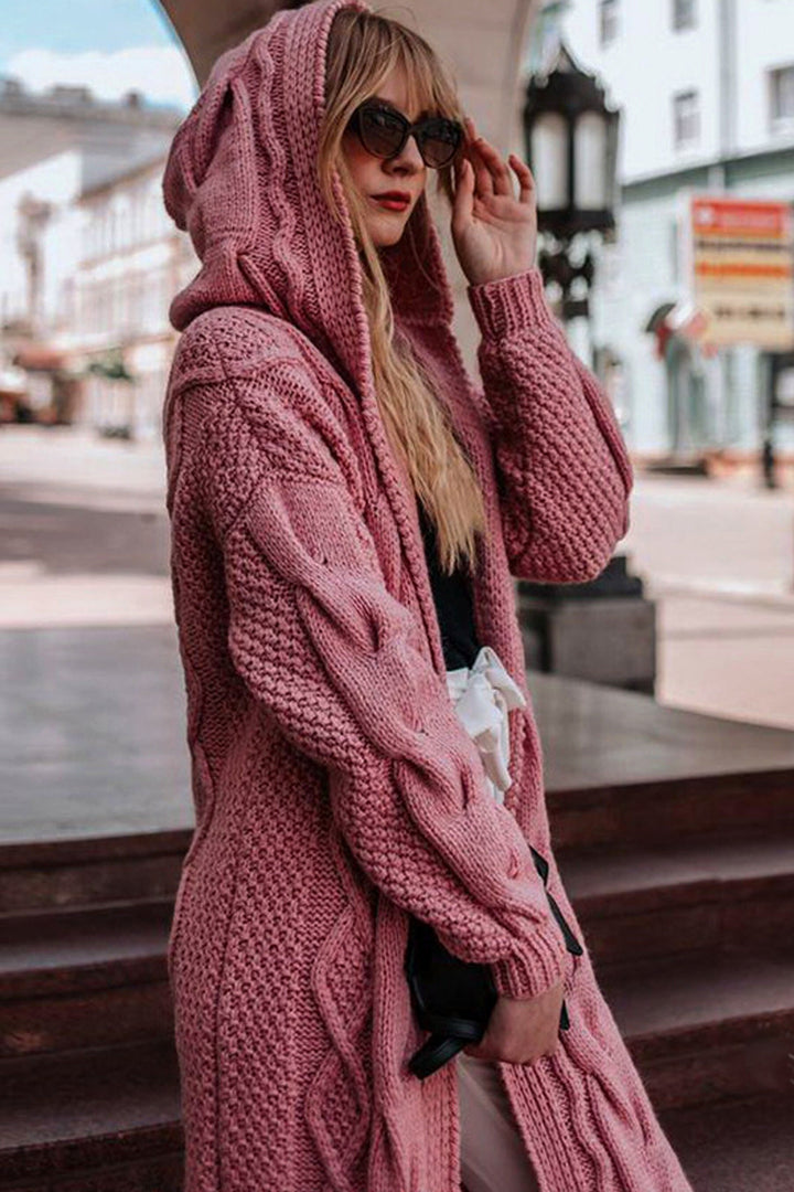 Oversized Y2K Hooded Cable Knit Long Cardigan, Textured Knit Cardigan Jacket, Available in Blush Pink, Grey & Cream White