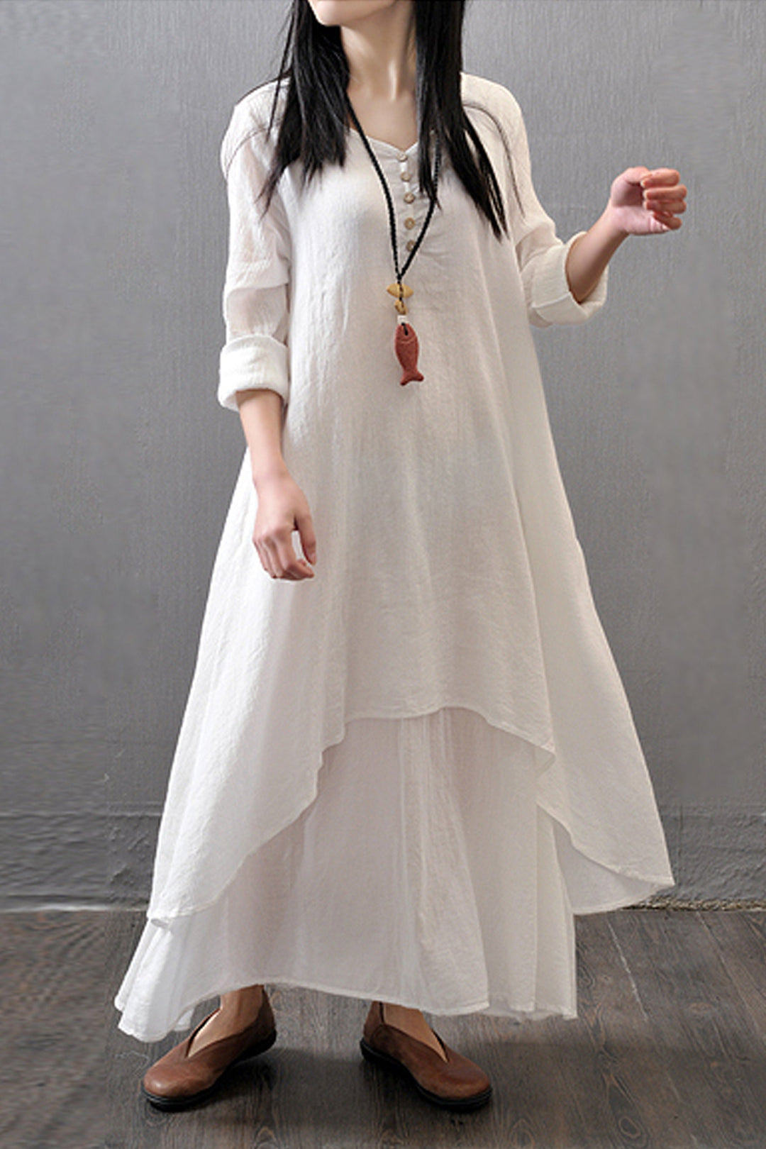 Flare Hem Linen Layered Maxi Dress, Double Layered Button Up Front Dress, Available in White, Olive Green & Black