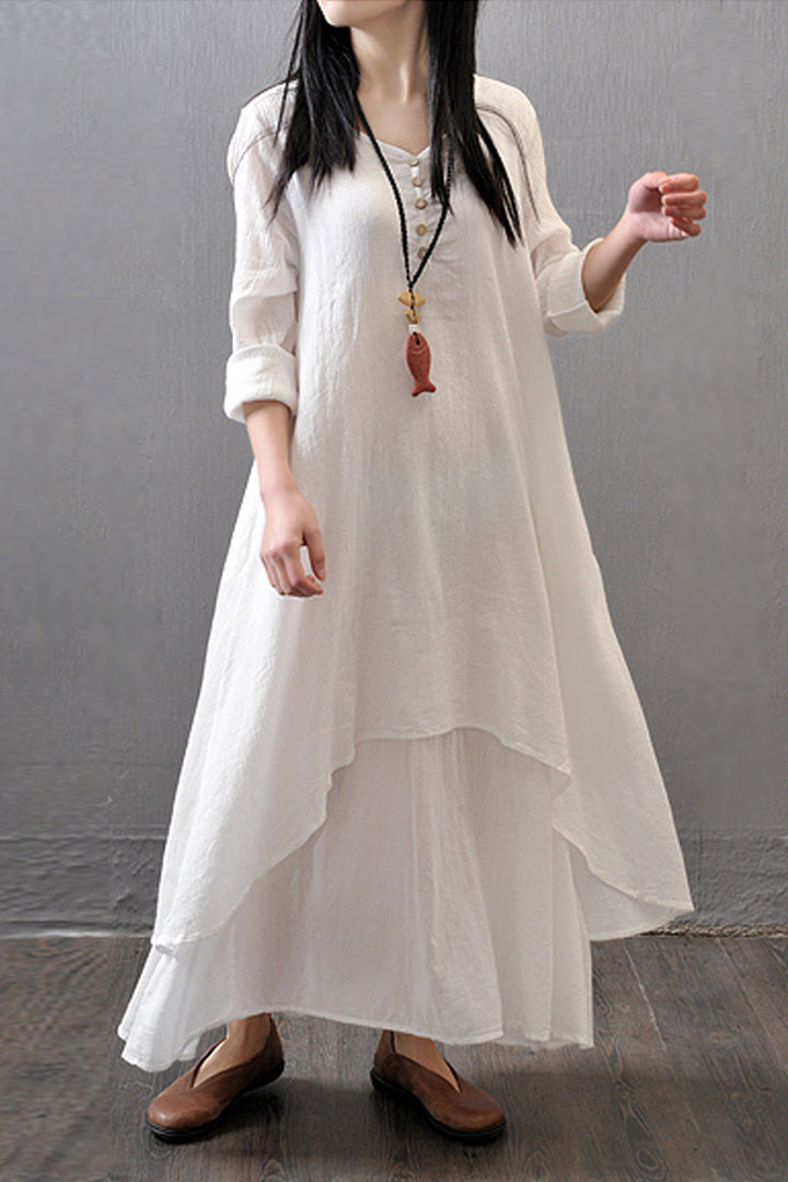 Flare Hem Linen Layered Maxi Dress, Double Layered Button Up Front Dress, Available in White, Olive Green & Black