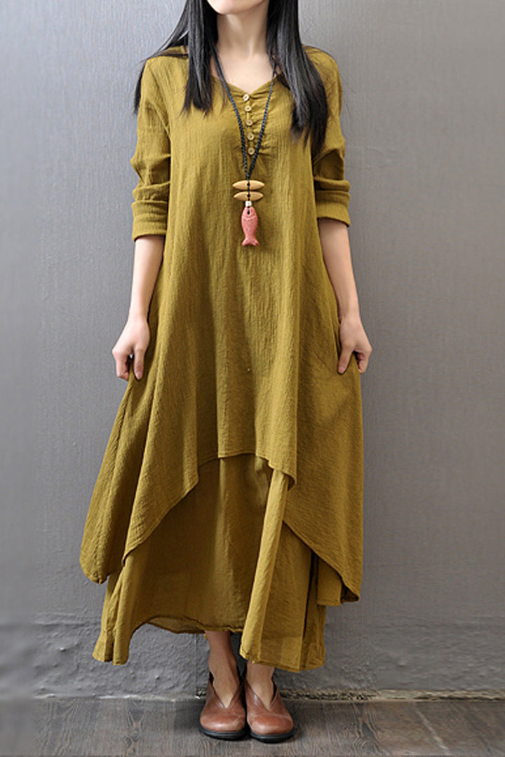 Flare Hem Linen Layered Maxi Dress, Double Layered Button Up Front Dress, Available in White, Olive Green & Black