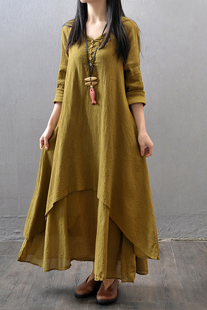 Flare Hem Linen Layered Maxi Dress, Double Layered Button Up Front Dress, Available in White, Olive Green & Black