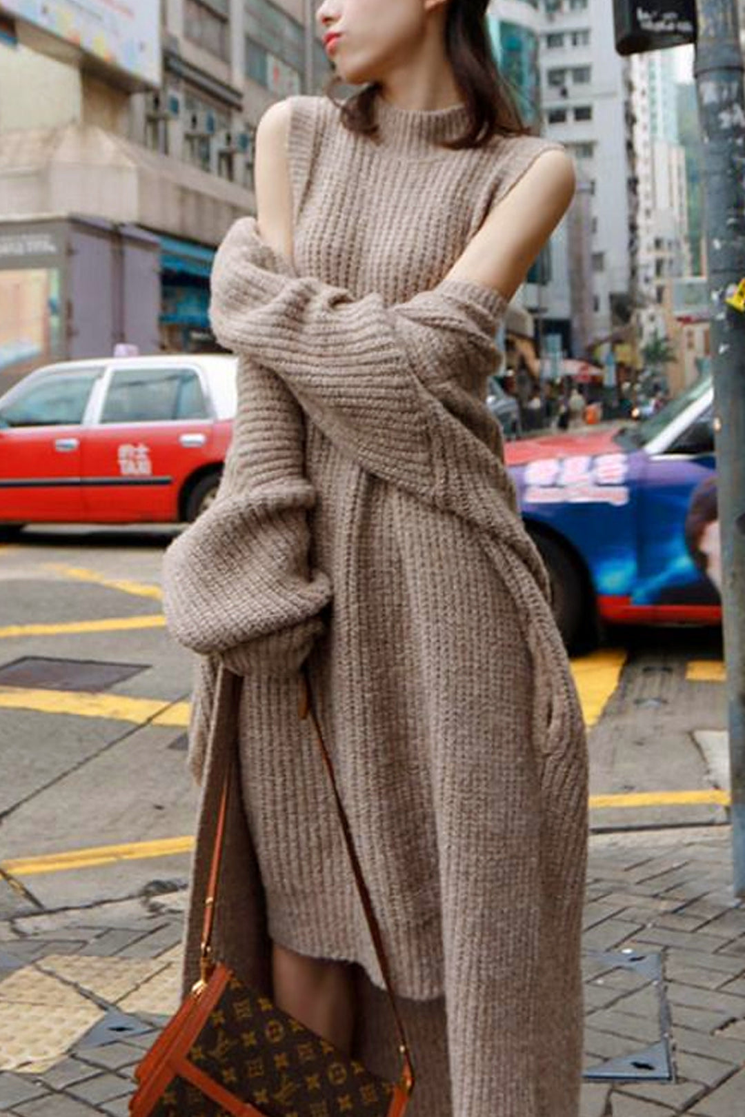 Knit Cardigan & Dress Set, Oversized Sleeveless Turtleneck Jumper Midi Dress, Long Cardigan, Available in Beige and Grey