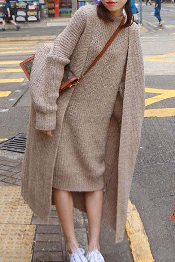 Knit Cardigan & Dress Set, Oversized Sleeveless Turtleneck Jumper Midi Dress, Long Cardigan, Available in Beige and Grey