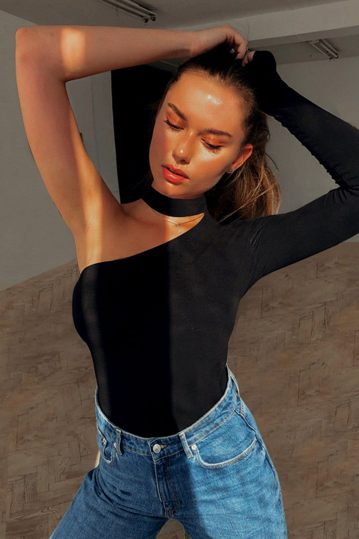 Black Choker Neck One Shoulder Cut Out Bodysuit, Long Sleeve Solid Color Tee