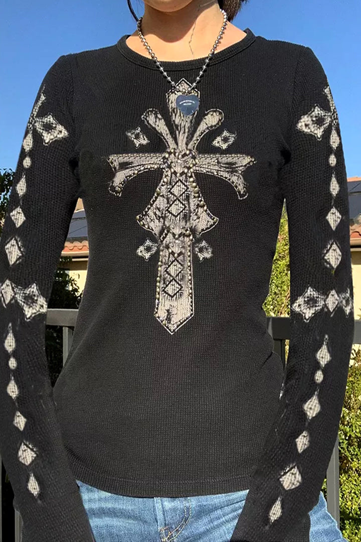 Black Gothic Crucifix Graphic Print Long Sleeve Tee, Crucifix Cross Metallic White Graphic Design