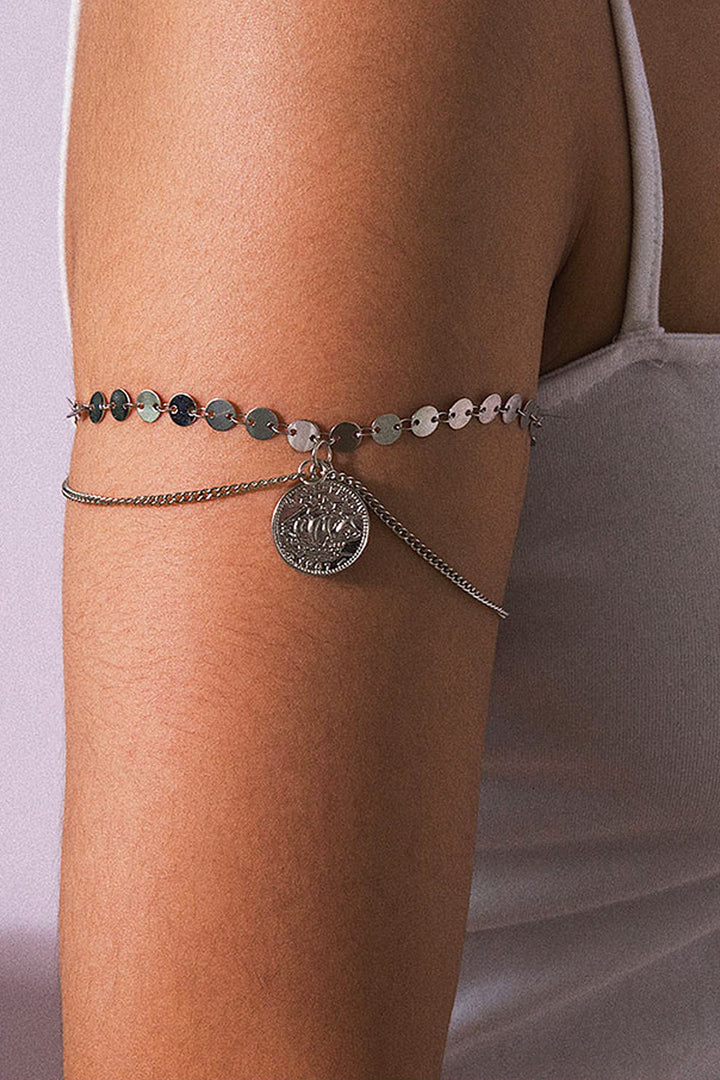 Coin & Sequin Charm Upper Arm Bracelet, Minimalistic Y2K Festival Bracelets Arm Cuff, Available in Silver and Gold  (48 Hour Dispatch)