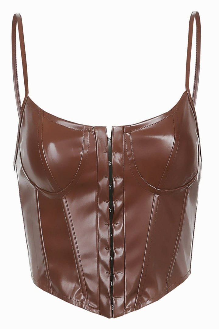 Faux Leather Artificial PU Hook Up Front Boned Corset Crop Top, Available in Black & Brown