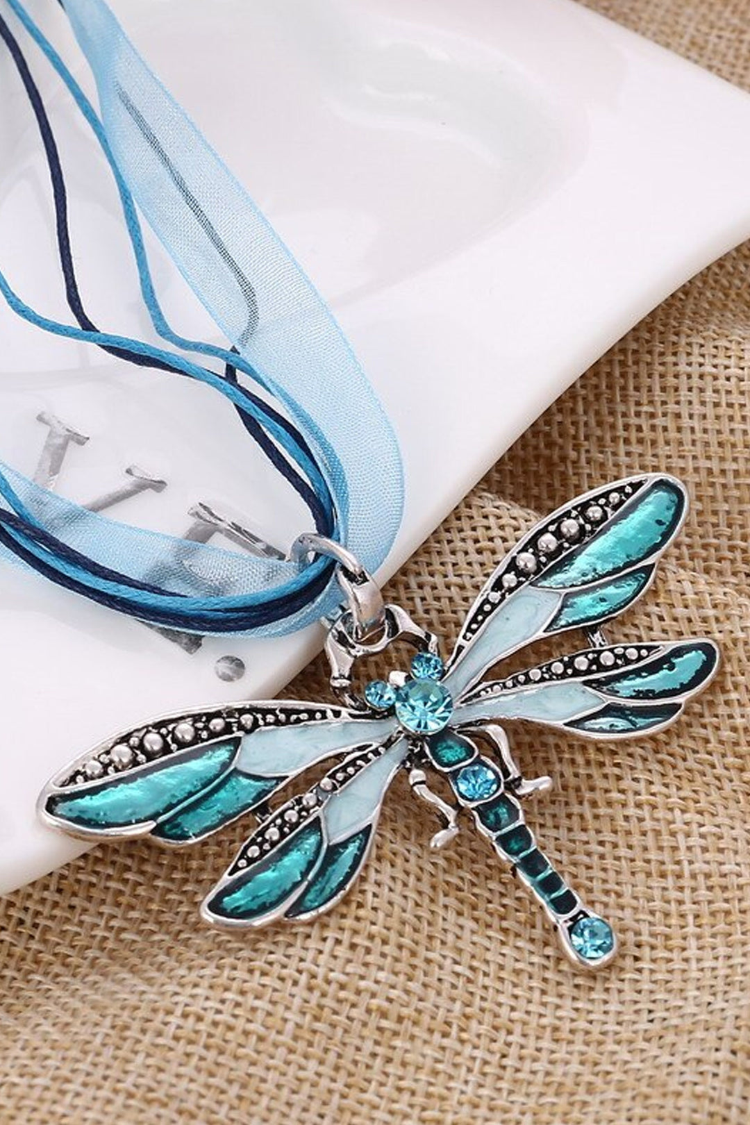 Rhinestone Crystal Dragonfly Pendant Necklace, Fabric Rope Chain Necklace, Available in Amber, Black, Blue & Red (48 Hour Dispatch)