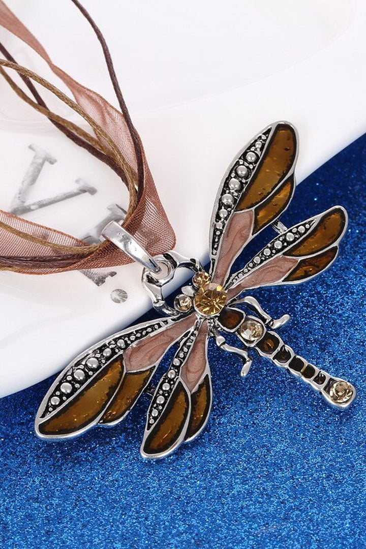 Rhinestone Crystal Dragonfly Pendant Necklace, Fabric Rope Chain Necklace, Available in Amber, Black, Blue & Red (48 Hour Dispatch)