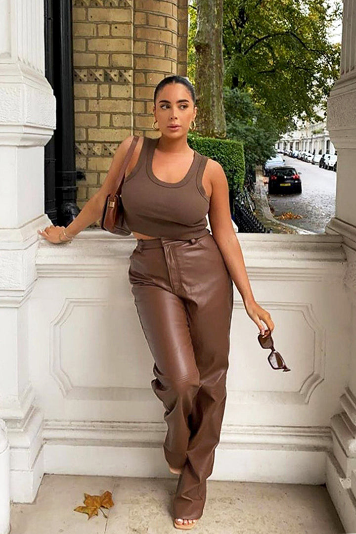 Chocolate Brown Faux Leather Straight Leg Trousers, High Waisted Brown Trousers, Button Zipper Closure