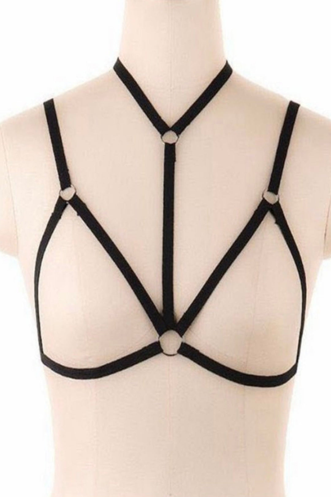 Women’s Body Harness, Lingerie, Strappy Harness Cupless Bandage Bra. Punk, Carnival. Bustier Cage Crop Top Black Halter Neck Bra. Design B. (48 Hour Dispatch)