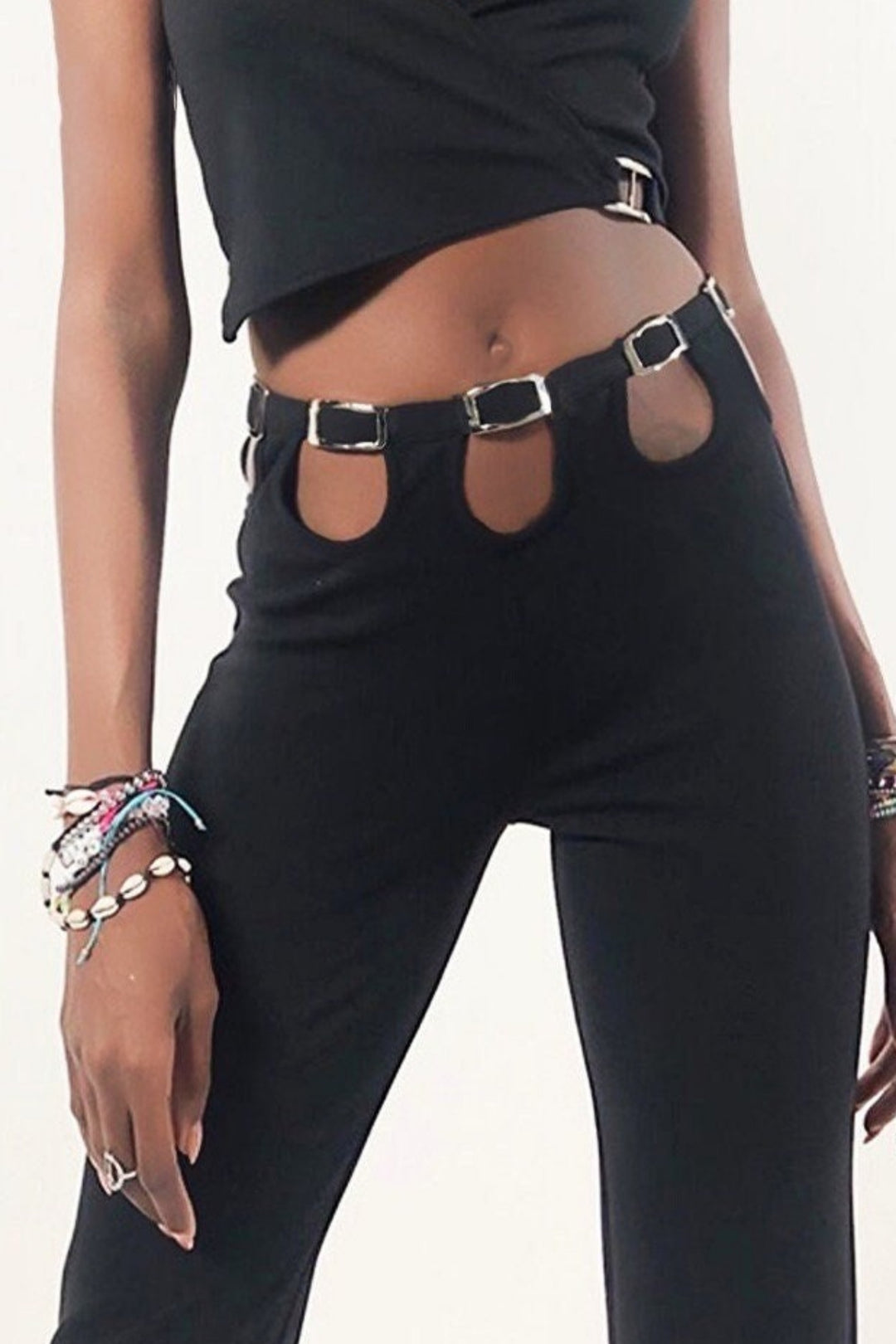 Black Cut Out Waist Silver Metal Belted Bootcut Flared Trousers