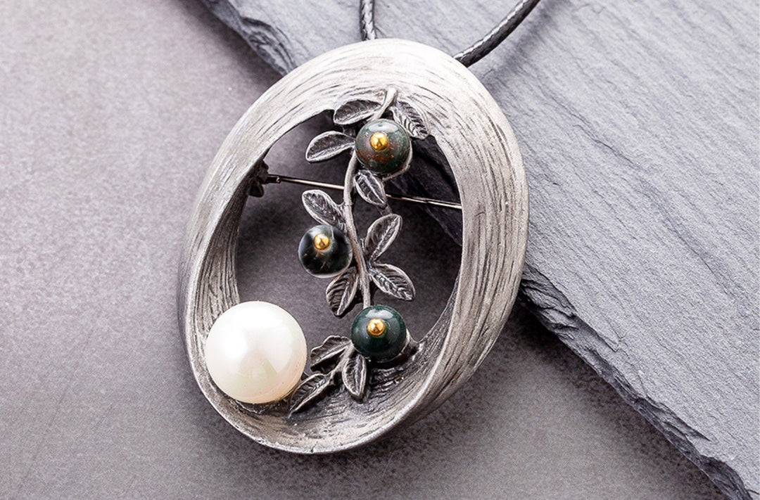 Unique Leaf Pendant Necklace / Brooch, Silver Necklace with Pretty Leaf and Colored Bead and Faux Pearl Detail, Gift Idea