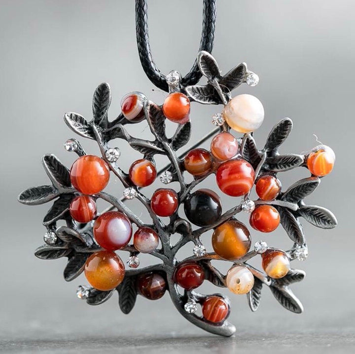 Tree of Life  Pendant Necklace / Brooch, Silver Necklace with Pretty Leaf and Amber Colored Bead and Crystal Detail, Gift Idea