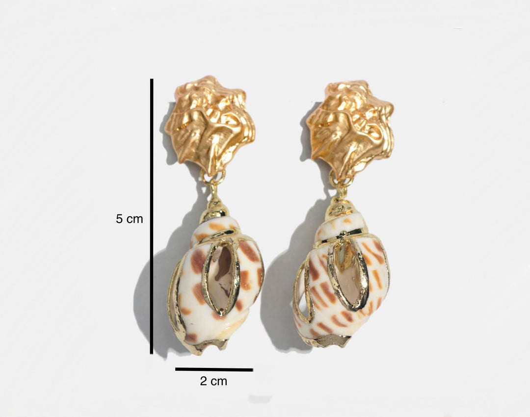 Molten Gold Shell Drop Earrings, Gold Detailing Drop Dangle Shell Earrings, Chunky Minimalistic Gold Earrings