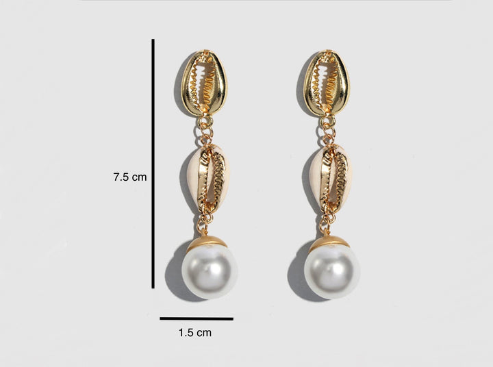 Chunky Gold Cowrie Shell & Pearl Drop Earrings, Long Dangle Drop Gold Seashell Earrings, Minimalistic Earrings