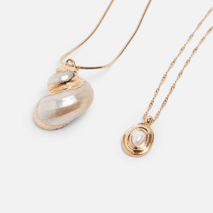 Gold Double Necklace with Shell Pendant and Faux Pearl Detail Pendant, Gold Necklaces, Pearl Necklace, Shell Necklace