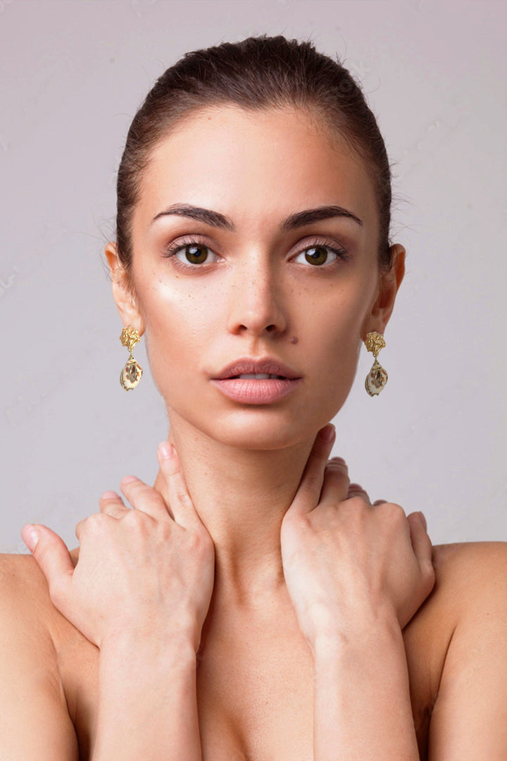 Molten Gold Shell Drop Earrings, Gold Detailing Drop Dangle Shell Earrings, Chunky Minimalistic Gold Earrings