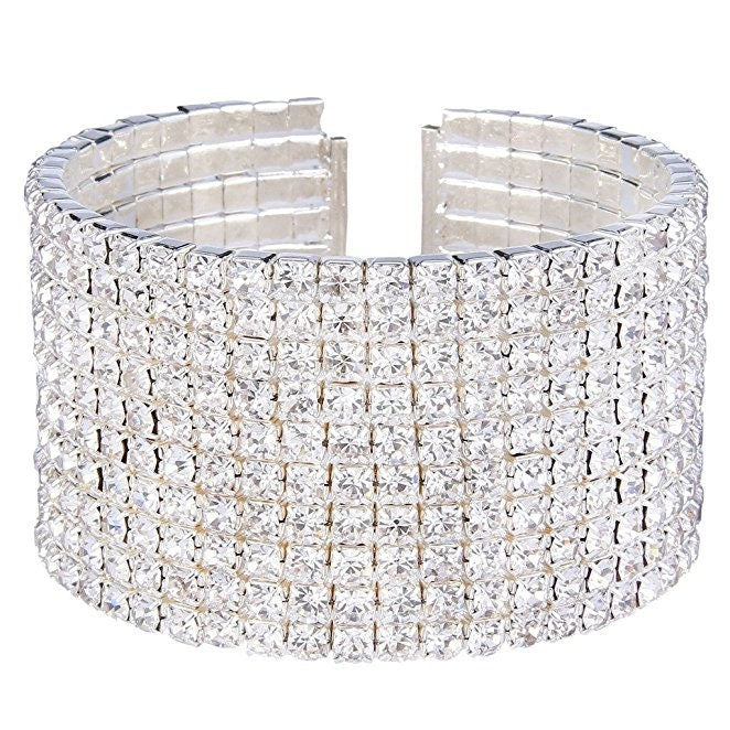 Silver Diamanté Crystal Wrist Bracelet, 10 Rows Rhinestone Crystal Bracelet, Slide On, Ideal Gift