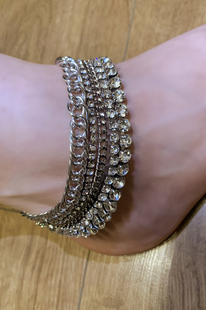 5 Piece Silver Rhinestone Crystal Anklet Set, Diamante Anklet Ankle Chain Set, Lobster Claw Closure