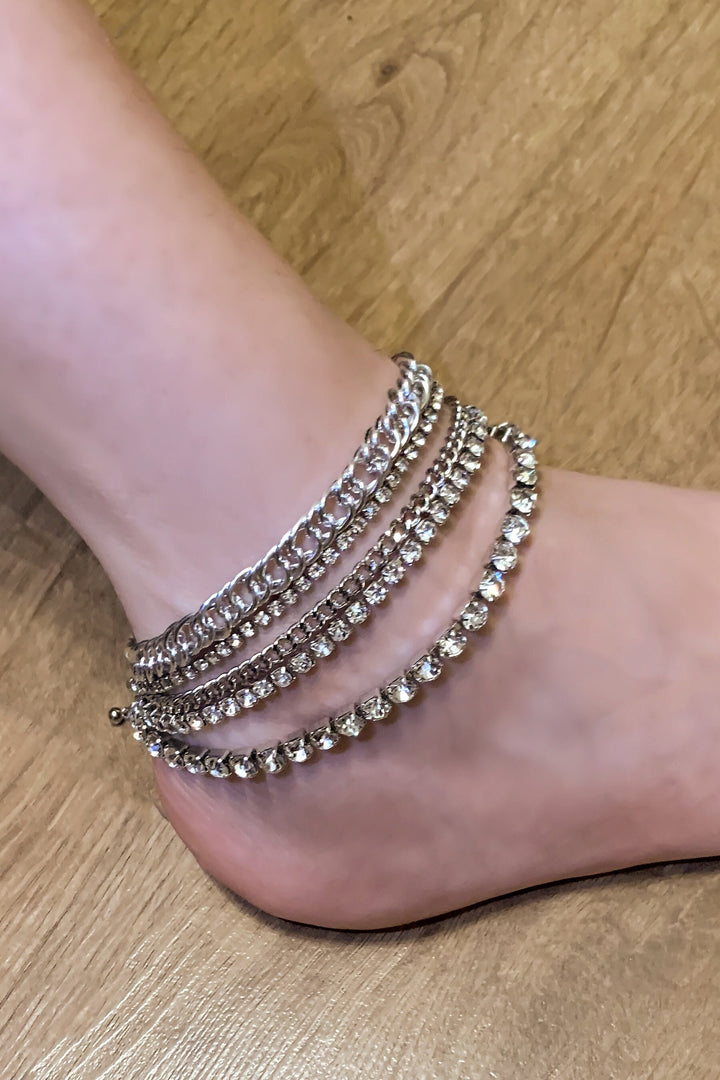 5 Piece Silver Rhinestone Crystal Anklet Set, Diamante Anklet Ankle Chain Set, Lobster Claw Closure