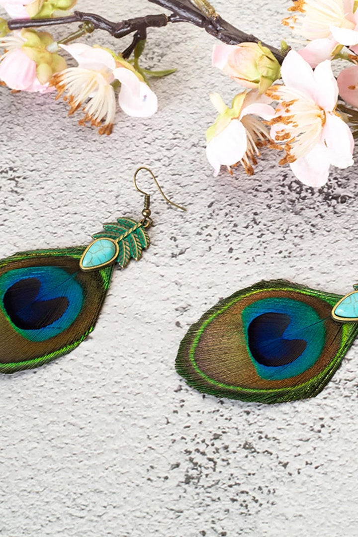 Y2K Bohemian Peacock Earrings, Peacock Feather Beaded Metal Wiring Dangle Long Drop Earrings