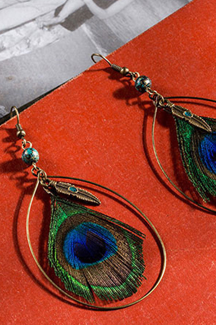 Y2K Bohemian Peacock Earrings, Peacock Feather Beaded Metal Wiring Dangle Long Drop Earrings