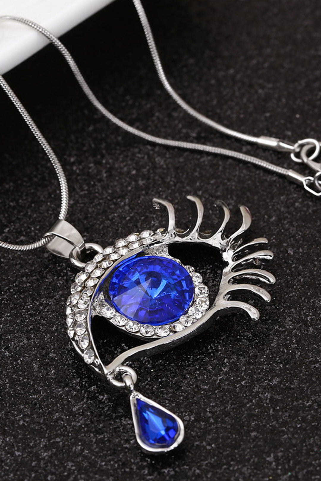 Blue Sapphire Evil Eye Pendant Necklace, Rhinestone Crystal Chain Necklace, Available in Silver & Gold