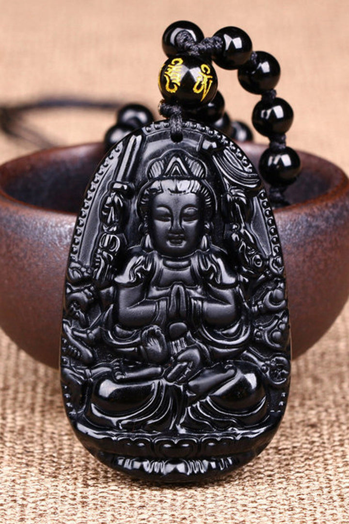 Obsidian Buddha Pendant Beaded Necklace, Healing Protection Gemstone Pendant Necklace (48 Hour Dispatch)