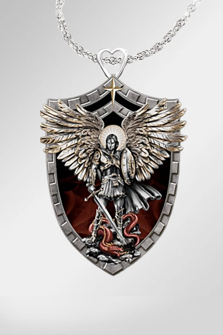 Guardian Angel Jesus Pendant Silver Chain Necklace, Heart & Sword Crucifix Christian Necklace