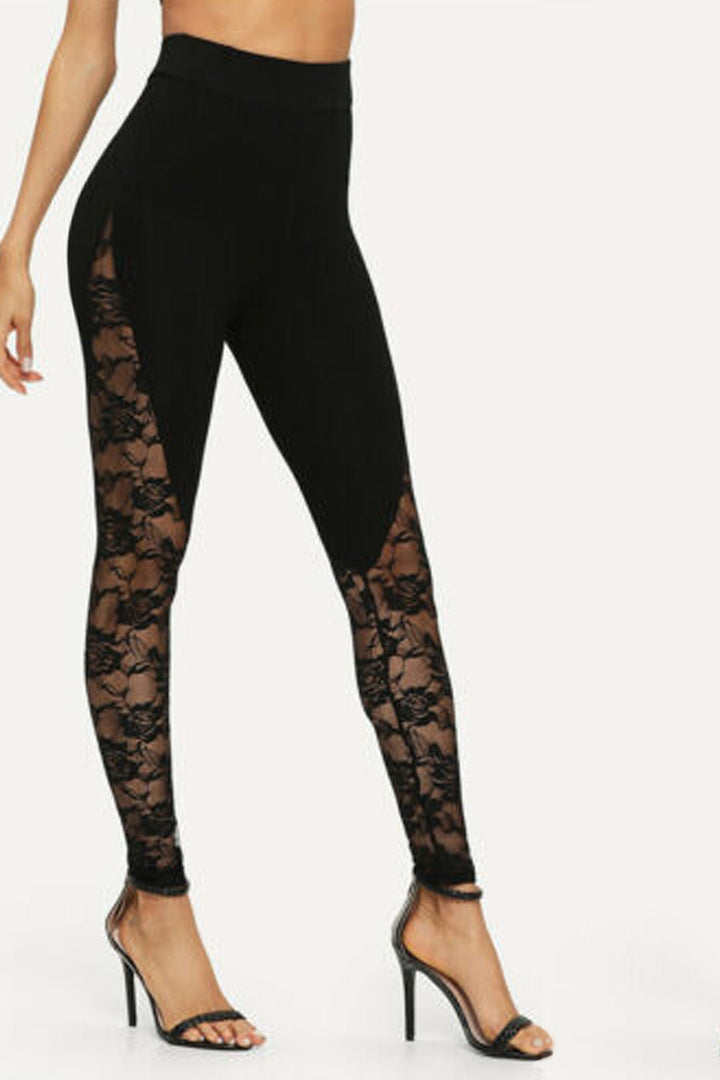 High Waisted Stretchy Black Skinny Leggings, Floral Mesh Side Leg Black Leggings